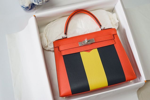 Hermes handmade original epsom leather kelly bag K00036 orange&black&yellow