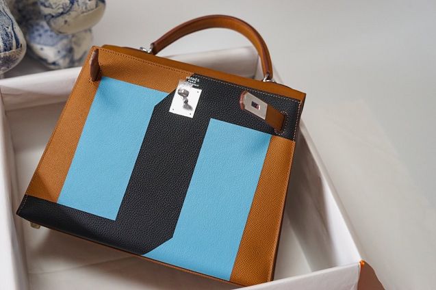 Hermes handmade original epsom leather kelly bag K00036 brown&black&blue