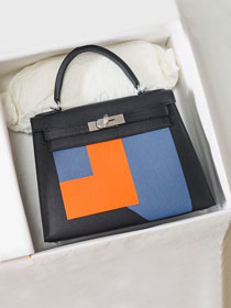 Hermes handmade original togo leather kelly bag K00036 black&orange&blue
