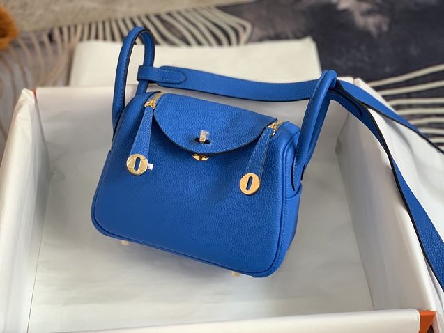 Hermes original togo leather mini lindy 19 bag H019 hydra blue