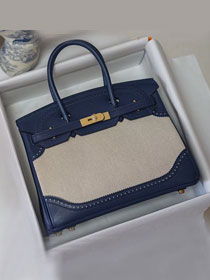 Hermes handmade original calfskin&canvas birkin bag BK00036 navy blue