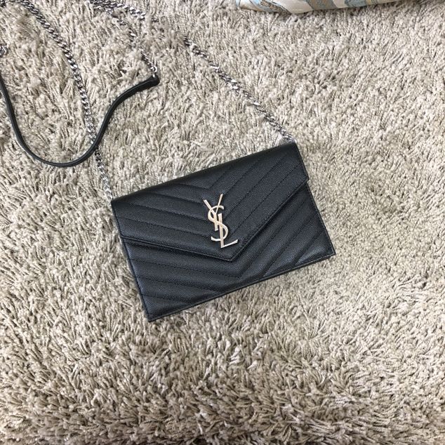YSL original grained calfskin envelope small wallet on chain 393953 black