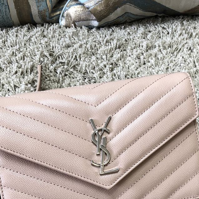 YSL original grained calfskin envelope small wallet on chain 393953 pink