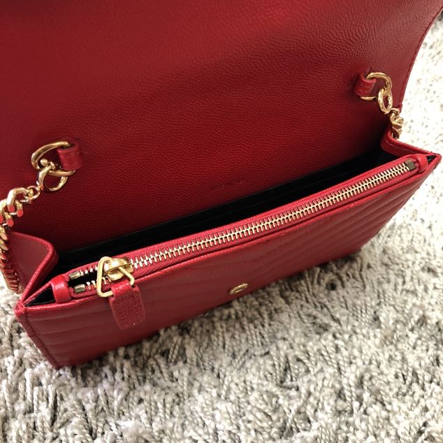 YSL original grained calfskin envelope small wallet on chain 393953 red