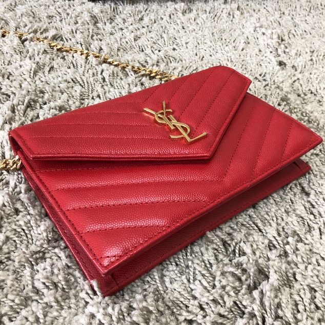 YSL original grained calfskin envelope small wallet on chain 393953 red