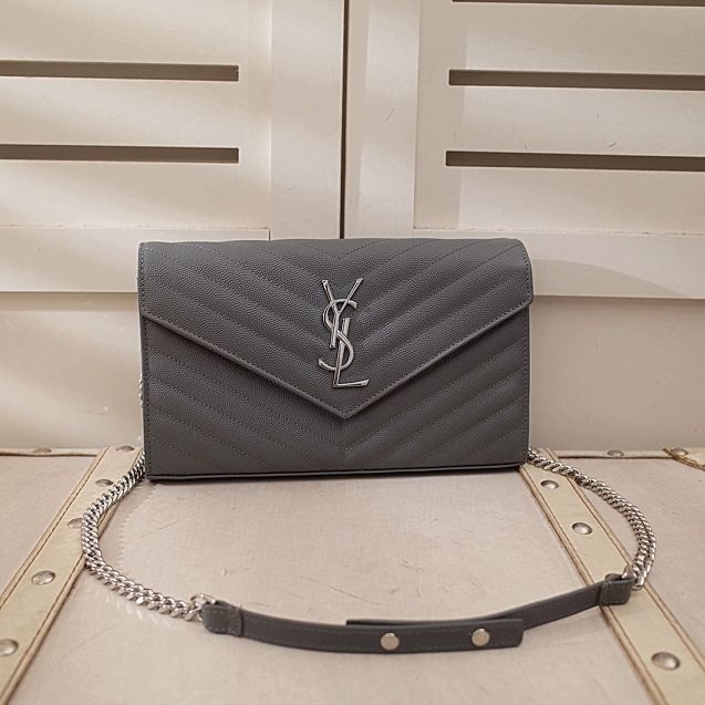YSL original grained calfskin envelope wallet on chain 360452 grey
