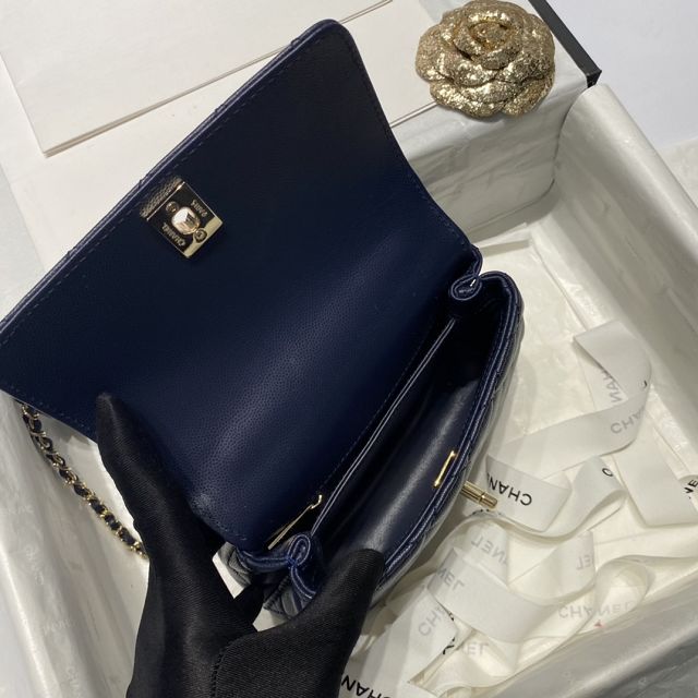 New CC original grained calfskin coco top handle mini flap bag AS2215 navy blue