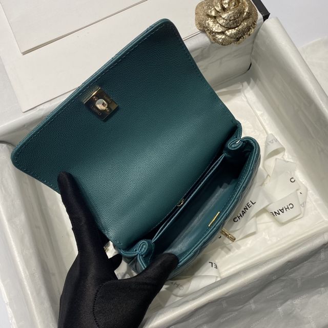 New CC original grained calfskin coco top handle mini flap bag AS2215 peacock green