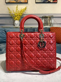 Dior original lambskin large lady dior bag M0566 red