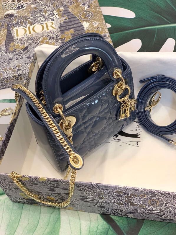 Dior original patent calfskin mini lady bag M0505 dark blue