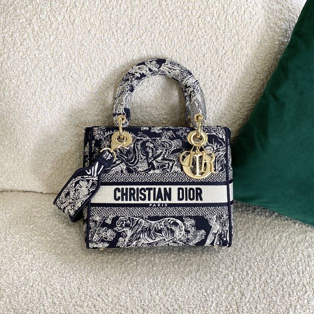 Dior original canvas medium lady D-Lite bag M0565-2 navy blue