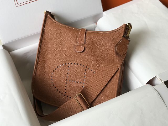 Hermes original togo leather evelyne pm shoulder bag E28 gold brown