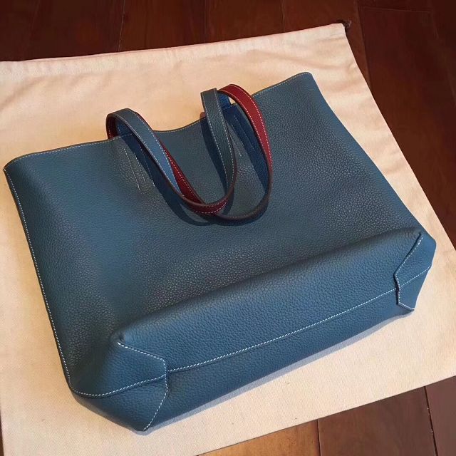 Hermes original calfskin reversible shoping bag K0298 blue&bordeaux