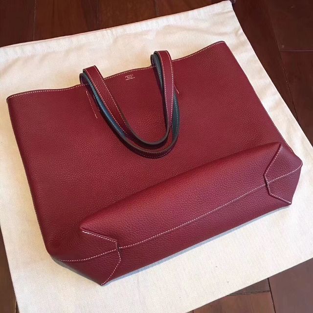 Hermes original calfskin reversible shoping bag K0298 blue&bordeaux