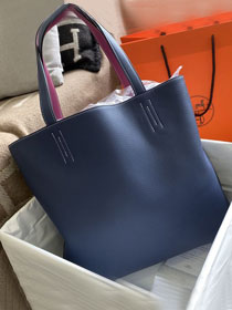 Hermes original calfskin reversible shoping bag K0298 navy blue&rose red