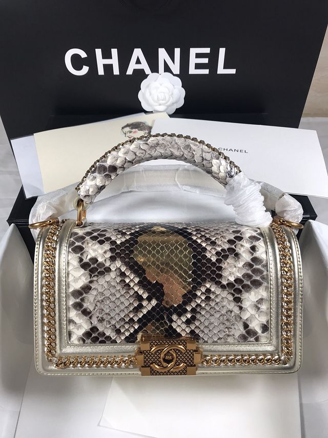 CC original python leather medium boy handbag A94804 light gold&white