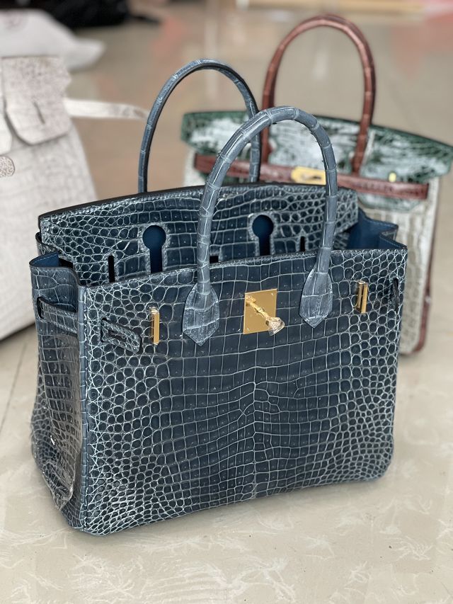 Top Hermes handmade genuine 100% crocodile leather birkin 35 bag K350 orage blue 
