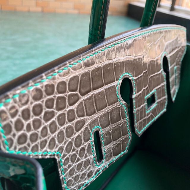Top hermes genuine 100% crocodile leather handmade birkin 35 bag K350 gris tourterelle&green