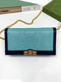 GG original calfskin wallet with chain 676155 light blue