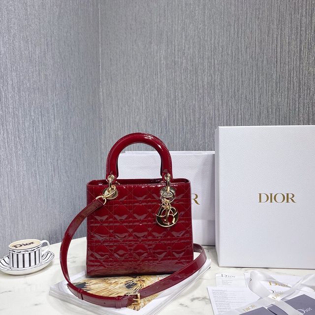 Dior original patent calfskin medium lady dior bag M0565-2 red