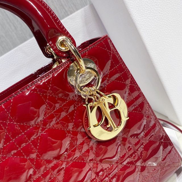 Dior original patent calfskin medium lady dior bag M0565-2 red