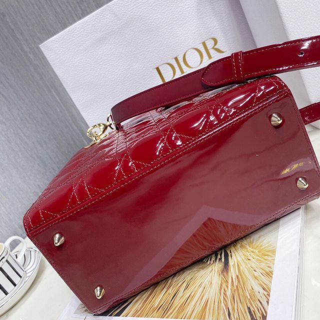 Dior original patent calfskin medium lady dior bag M0565-2 red