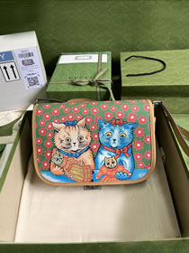 GG original canvas Childrens cat print messenger bag 664143 green&pink