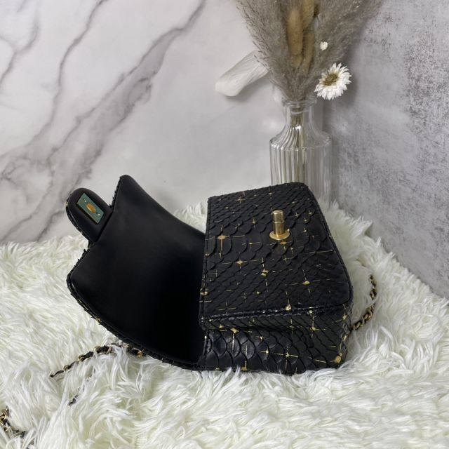 CC original python leather mini top handle flap bag AS2431 black&gold