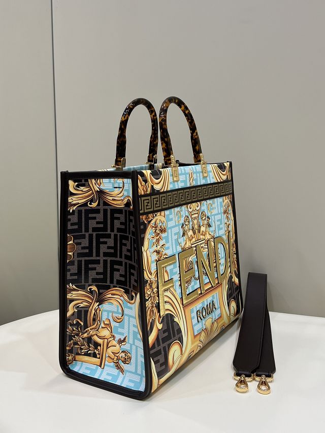 Fendi original printed calfskin medium sunshine shopper bag 8BH386 black&blue