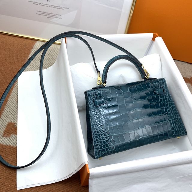 Hermes genuine crocodile leather mini kelly bag K0019 vert bosphore