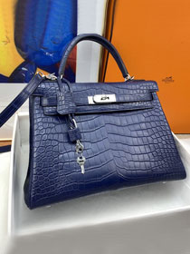 Hermes genuine crocodile leather kelly bag K320 blue saphir