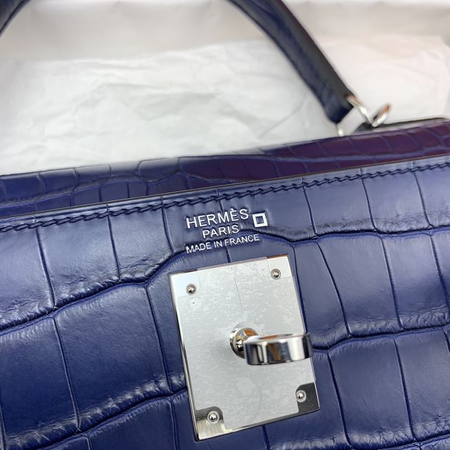 Hermes genuine crocodile leather kelly bag K320 blue saphir