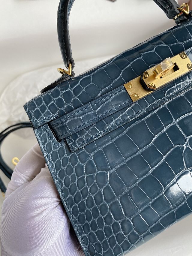 Hermes genuine crocodile leather mini kelly bag K0019 blue jean
