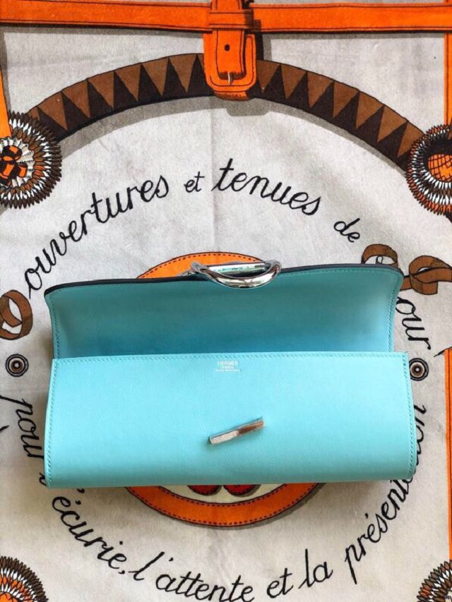 Hermes original swfit leather egee clutch E001 blue atoll