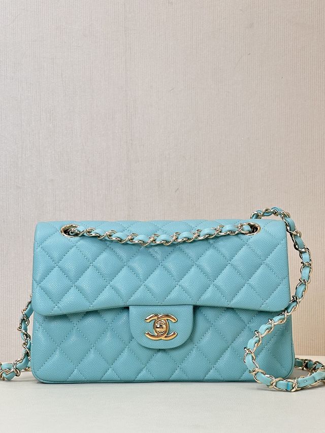 CC original grained calfskin small flap bag A01113 lake blue