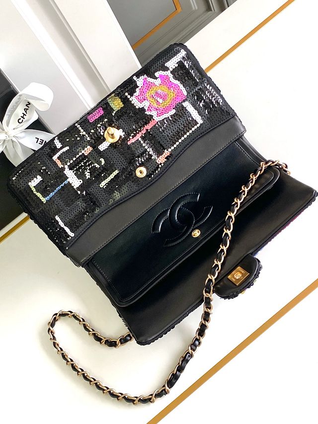 CC original sequins medium flap bag A01112 black&rose