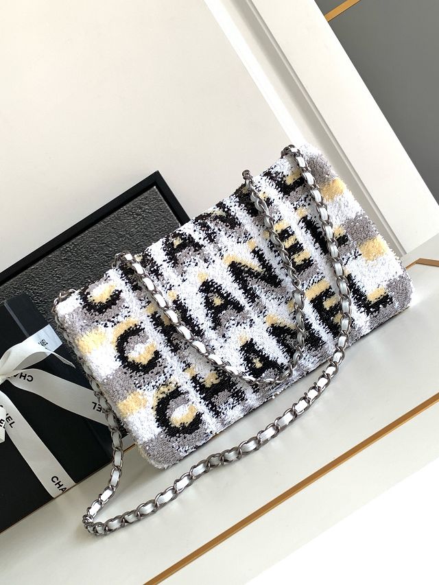 CC original sequins medium flap bag A01112 white&black