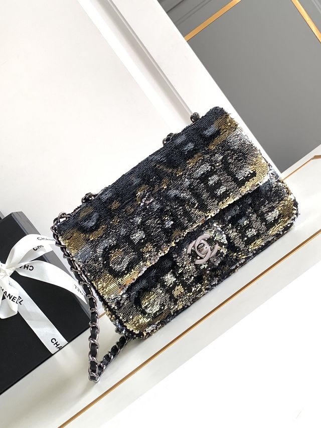 CC original sequins mini flap bag A69900 black&gold