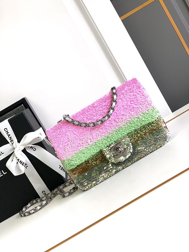 CC original sequins mini flap bag AS2090 pink&green