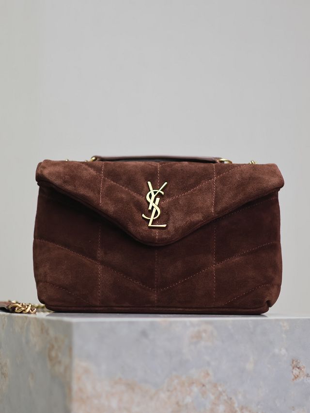 YSL original suede calfskin puffer mini bag 759337 dark coffee