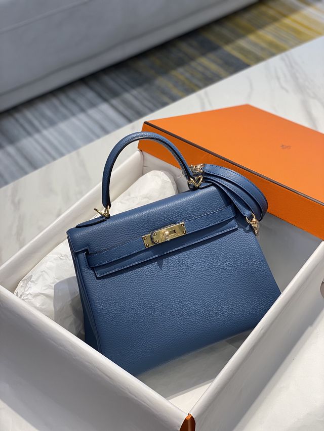 Hermes original togo leather kelly 25 bag K25 blue agate
