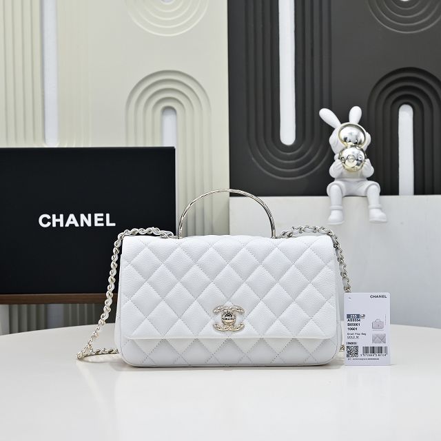CC original grained calfskin top handle flap bag AS5554 white