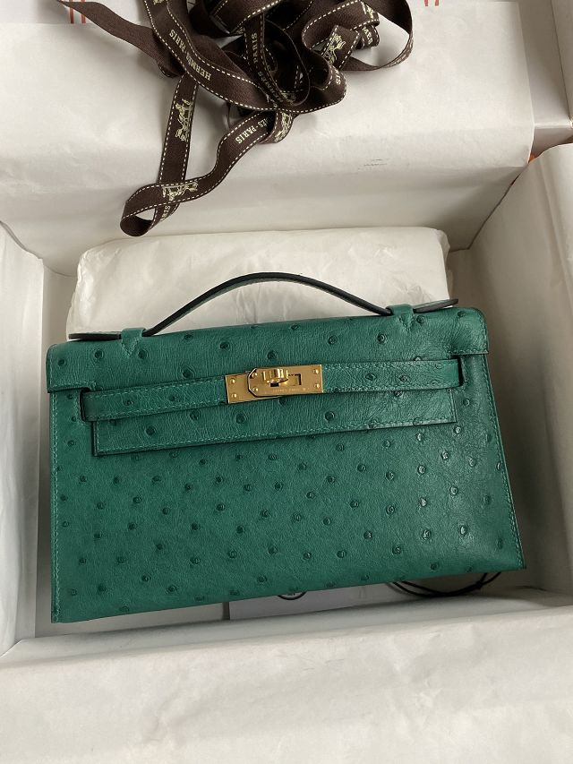 Hermes handmade genuine ostrich leather mini kelly 22 clutch K220