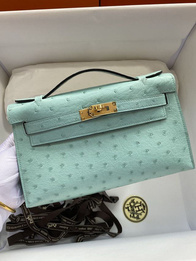 Hermes handmade genuine ostrich leather mini kelly 22 clutch K220