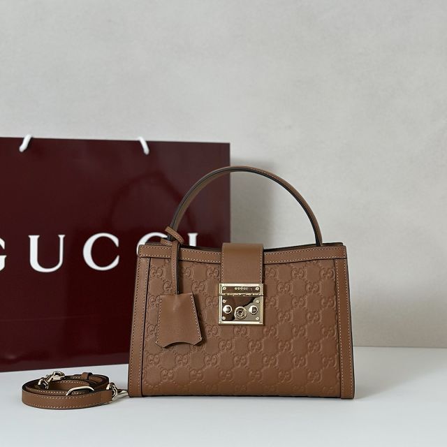 GG original calfskin padlock medium top handle bag 838992 brown