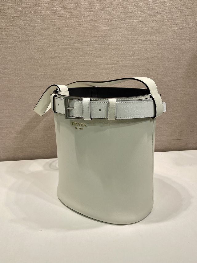 Prada original  calfskin bucket bag with belt 1BE085 white