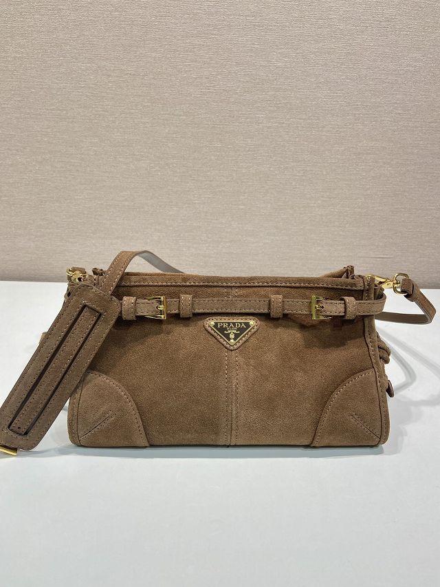 Prada original suede bonnie small shoulder bag 1BH215 brown