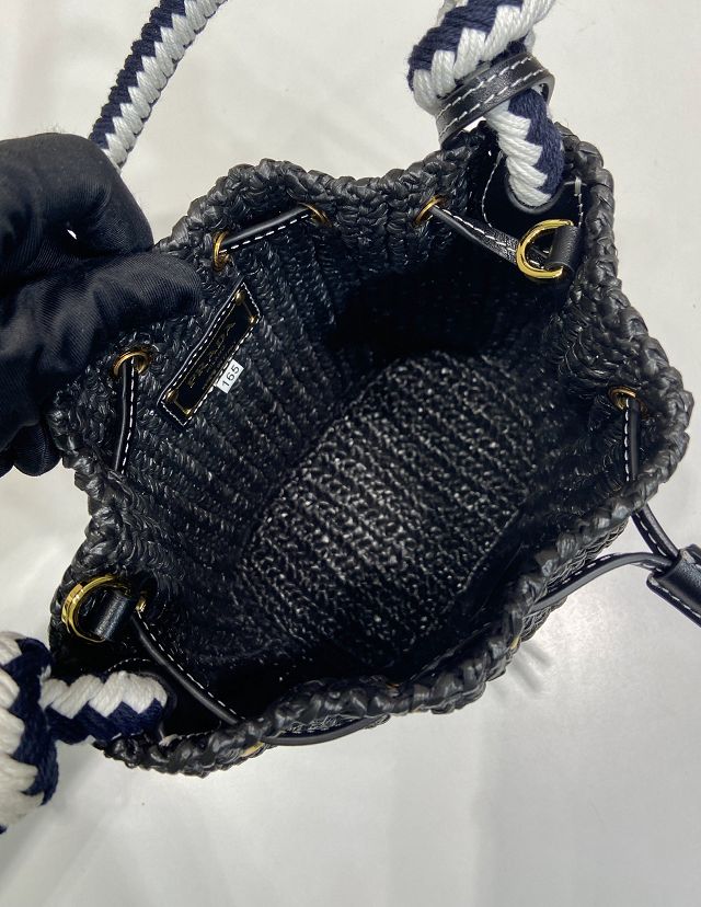 Prada original raffia mini crochet bucket bag 1BE068 black