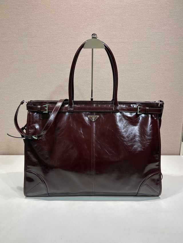 Prada original calfskin bonnie tote bag 2VG128 dark brown