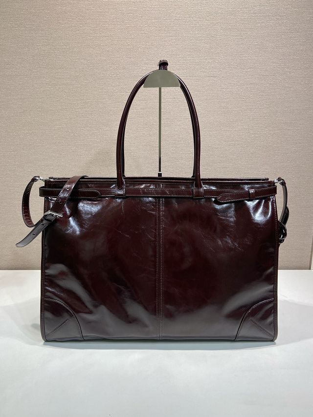 Prada original calfskin bonnie tote bag 2VG128 dark brown